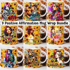 May include: Set of 9 white ceramic mugs with colorful designs and positive affirmations. The mugs feature sunflowers, floral patterns, and inspirational quotes like "Make Yourself the Priority" and "You Are Enough".