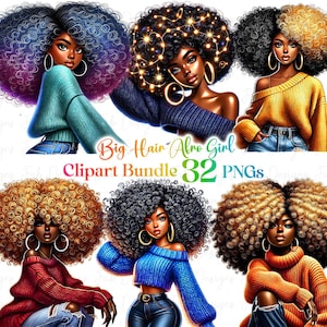 32 Big Hair Fashionable Black girl clipart bundle,Fashionable Girl Graphics,afro girl clipart,denim girl clipart t,beautiful black girl PNGs