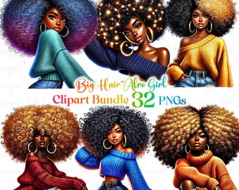Paquete de 32 imágenes prediseñadas de chicas negras de moda con cabello grande, gráficos de chicas de moda, imágenes prediseñadas de chicas afro, imágenes prediseñadas de chicas de mezclilla, PNG de hermosas chicas negras