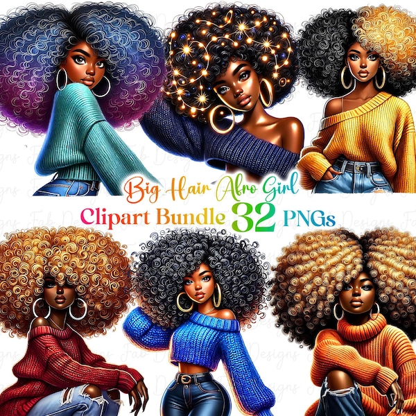 32 Big Hair Fashionable Black girl clipart bundle,Fashionable Girl Graphics,afro girl clipart,denim girl clipart t,beautiful black girl PNGs