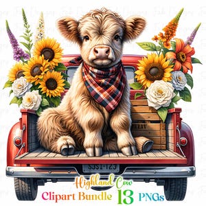 13 Sunflower Highland Cow PNG Watercolor Sunflowers Clipart, Highland Cow and Flowers PNG, Sunflower Truck Clipart, Highland Cow Sublimation