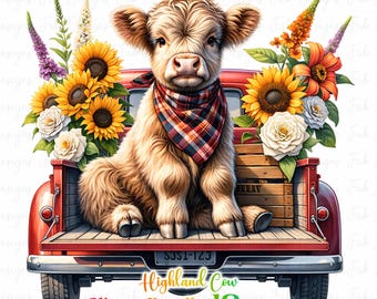 Sunflower Highland Cow PNG: Watercolor Truck Clipart (Digital Download)