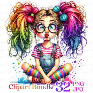 32 Cute Quirky Girl With Animal clipart bundle, Watercolor Quirky Girl Clipart Set, Quirky Girl Funny Girl Cute Whimsical Girl,Girl Clipart