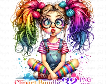 32 Cute Quirky Girl With Animal clipart bundle, Watercolor Quirky Girl Clipart Set, Quirky Girl Funny Girl Cute Whimsical Girl,Girl Clipart