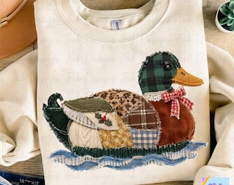 Patchwork Mallard Duck PNG, Faux Rag Quilt Duck with Buffalo Plaid, Leopard and Gingham Bow, Christmas Duck Shirt, Cottagecore Mallard
