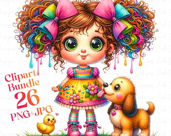 26 Cute Quirky Girl With Animal clipart bundle, Watercolor Quirky Girl Clipart Set, Quirky Girl Funny Girl Cute Whimsical Girl,Girl Clipart