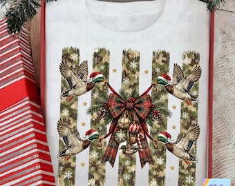 Christmas Mallard Ducks PNG, Santa Hat Flying Ducks with Plaid Bow and Ornaments on Camo Brushstroke Stripes, Hunting Christmas Shirt
