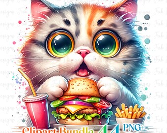 44 watercolor Funny Cute Quirky Cat Animal clipart bundle, Funny Cats bundle, Cute Animal Clipart, Watercolor Animal Clipart, Nursery Print