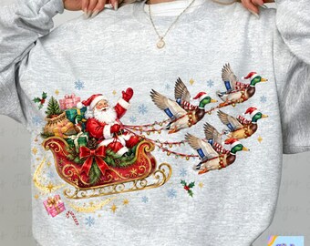 Christmas Mallard Sweatshirt PNG, Santa Sleigh Pulled by Mallard Ducks, Duck Hunting Christmas Shirt Design, Holiday Mallard Sublimation