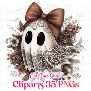 May include: A digital illustration of a cute ghost with a brown bow, surrounded by floral elements. The ghost is white with black eyes and a lace design. The text "Cute lace Ghost Cliparts 35 PNGs" is at the bottom.