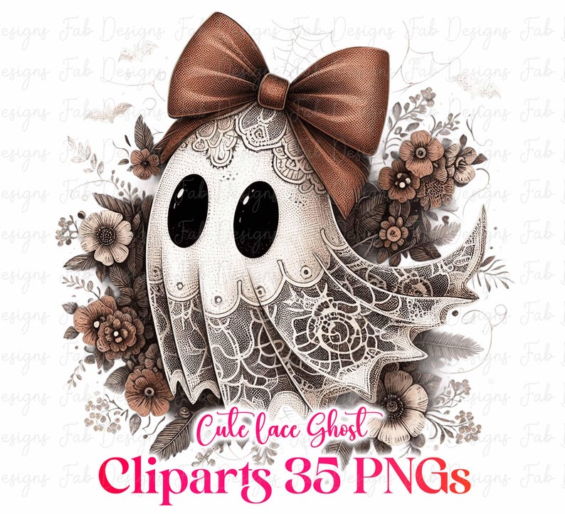 May include: A digital illustration of a cute ghost with a brown bow, surrounded by floral elements. The ghost is white with black eyes and a lace design. The text "Cute lace Ghost Cliparts 35 PNGs" is at the bottom.