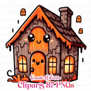 May include: A digital illustration of a kawaii Halloween house with a ghost-like face on the front. The house is brown with orange accents, a chimney, and three small ghosts floating above. The text "Kawaii Halloween Cliparts 87-PNGs" is at the bottom.