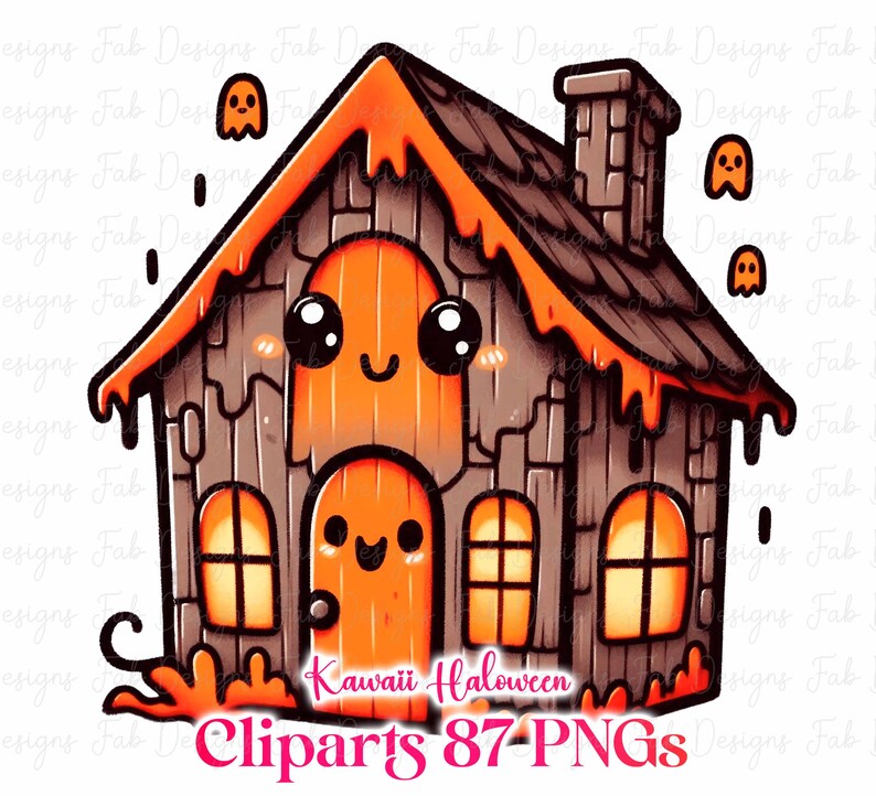May include: A digital illustration of a kawaii Halloween house with a ghost-like face on the front. The house is brown with orange accents, a chimney, and three small ghosts floating above. The text "Kawaii Halloween Cliparts 87-PNGs" is at the bottom.