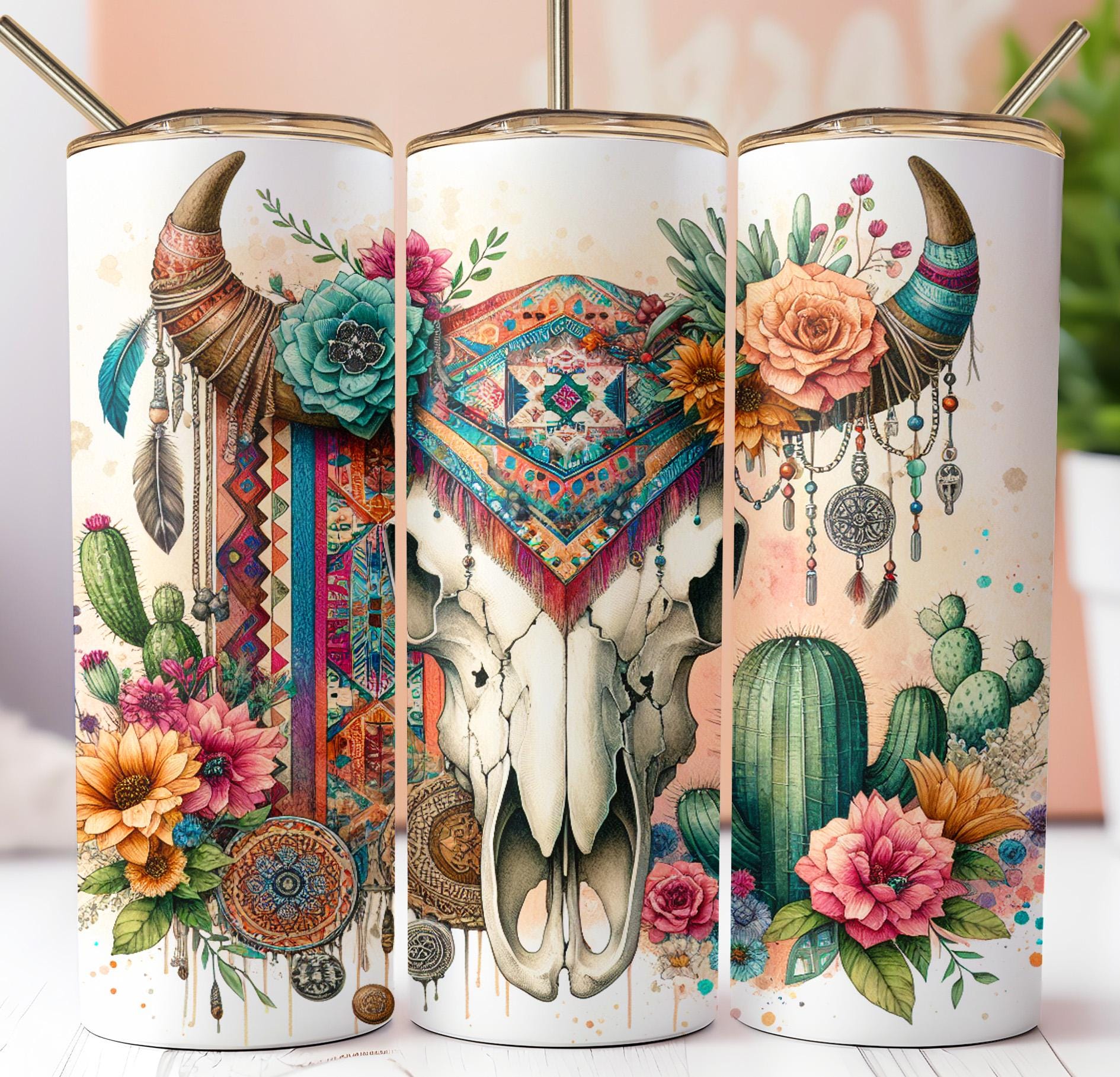 Boho Cow Skull Tumbler Wrap Bundle: Western Sublimation Design (digital ...