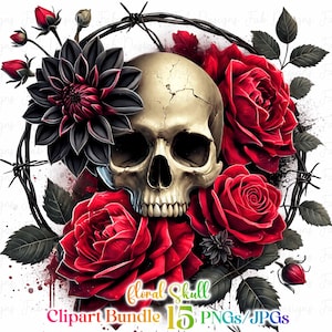 May include: A white skull with a black and red flower arrangement. The skull is surrounded by barbed wire and the flowers are red roses and a black dahlia. The image has a grunge aesthetic.