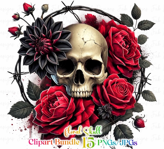 15 Skull Clipart Bundle, Flower-Adorned Skull Illustrations, Floral Skulls Designs, Instant Digital Download, Unlimited Commercial Use PNGs