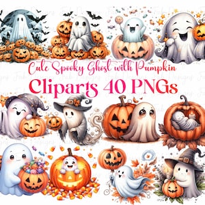 40 Cute Spooky Ghost with pumpkin Collection Clipart, Watercolor Halloween Clipart, Spooky Clipart PNG Trick Or Treat Halloween Party Decor