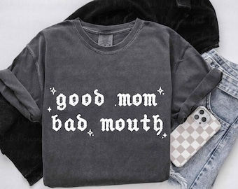 Gute Mama böser Mund Png svg, Grunge png, lustige Mama Sublimation, trendiges Mama digitales Design, kantig, karierter Beleuchtungsbolzen, Rocker Band Stil
