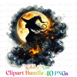 May include: A black silhouette of a witch with a pointed hat flying in front of a full moon. The moon is yellow and orange with a watercolor effect. The witch is surrounded by dark gray and black clouds with a watercolor effect. The text "Witch & Moon Clipart Bundle 40 PNGs" is at the bottom of the image.