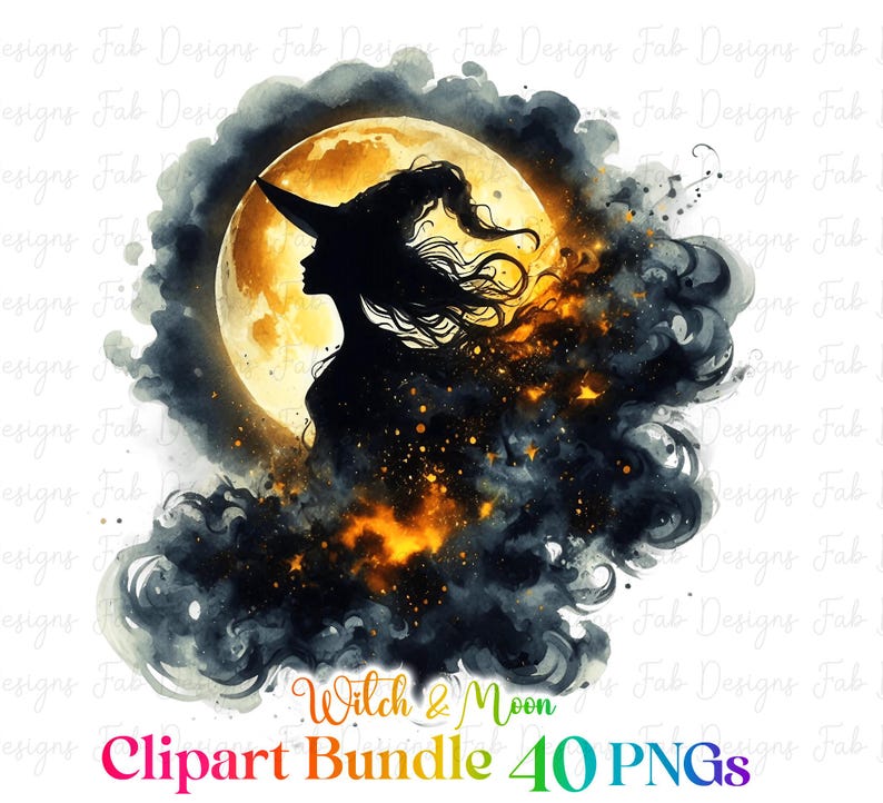 May include: A black silhouette of a witch with a pointed hat flying in front of a full moon. The moon is yellow and orange with a watercolor effect. The witch is surrounded by dark gray and black clouds with a watercolor effect. The text "Witch & Moon Clipart Bundle 40 PNGs" is at the bottom of the image.