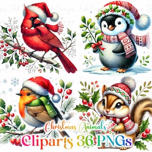 36 PNG,Cute Christmas Animals Clipart bundle,Winter Animals Clipart,Animals designs,Christmas Winter designs,Commercial Use,Digital Download