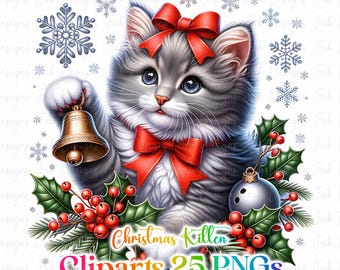 25 PNG Christmas Kitten clipart bundle, set 6, Cute Christmas Cats Clipart,Holiday Clipart Digital Download, Unlimited Commercial Use Crafts