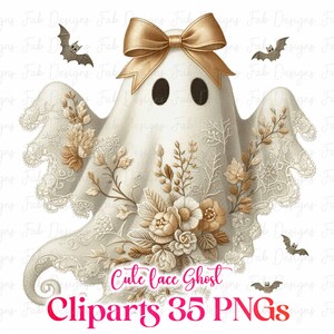 May include: A white ghost illustration with a gold bow, black eyes, and floral and lace details. The ghost is decorated with flowers and lace. The image includes bats and the text "Cute lace Ghost Cliparts 35 PNGs".