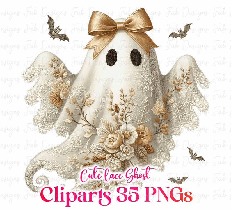 May include: A white ghost illustration with a gold bow, black eyes, and floral and lace details. The ghost is decorated with flowers and lace. The image includes bats and the text "Cute lace Ghost Cliparts 35 PNGs".
