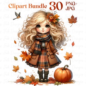 30 Cute Autumn Girl clipart bundle,Watercolor Autumn Girl Clipart Set,Cozy Girl Cute Whimsical Girl Clipart,cute Cozy Girl,Girl Clipart