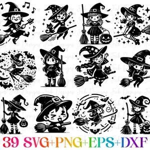 Może przedstawiać: Zestaw 10 czarno-białych plików do cięcia SVG przedstawiających czarownice z miotłami, nietoperzami, gwiazdami i księżycami. Tekst "39 SVG+PNG+EPS+DXF" znajduje się na dole obrazu.