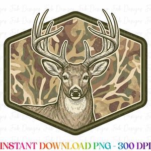 Puede incluir: Ilustración detallada de un ciervo con grandes astas, sobre un fondo de camuflaje dentro de un marco hexagonal. La imagen incluye el texto "INSTANT DOWNLOAD PNG - 300 DPI" en degradado arcoíris.