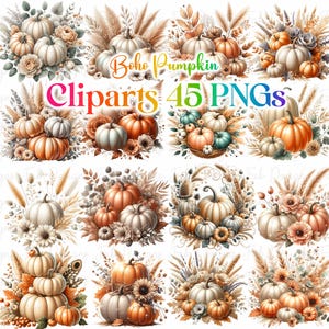 May include: A collection of watercolor clip art images featuring pumpkins, flowers, and wheat stalks in a boho style. The text "Boho Pumpkin Cliparts 45 PNGs" is displayed in the image. The pumpkins are in shades of orange, white, and teal.