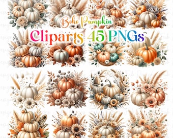 Clipart de calabaza bohemia: diseños florales de otoño (descarga digital PNG, conjunto de 45)