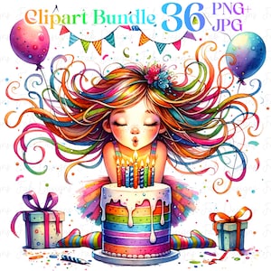 36 Quirky Girl Birthmonth Flowers clipart bundle, Watercolor Happy Birthday Clipart Set, Birthday Month Flower Clipart, Colorful Birthday