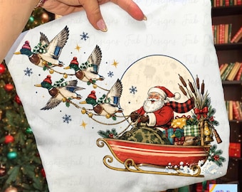 Santa Duck Boat Sleigh PNG, Flying Mallards Full Moon, Duck Hunt Christmas Shirt Design, Camo Santa Hunting Sweatshirt, Mallard Christmas