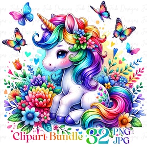 Puede incluir: Ilustración colorida de un unicornio blanco con melena y cola de arcoíris, rodeado de flores y mariposas. El unicornio tiene un cuerno dorado y está sentado entre flores vibrantes. Incluye el texto "Clipart Bundle 32 PNG + JPG".