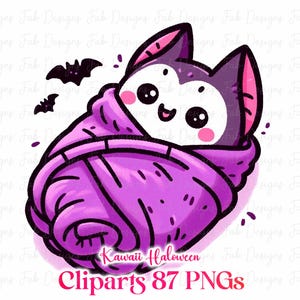 May include: A cute cartoon bat wrapped in a purple blanket. The bat has large eyes, pink cheeks, and a smiling mouth. Two small black bats fly in the background. The text "Kawaii Halloween Cliparts 87 PNGs" is at the bottom.