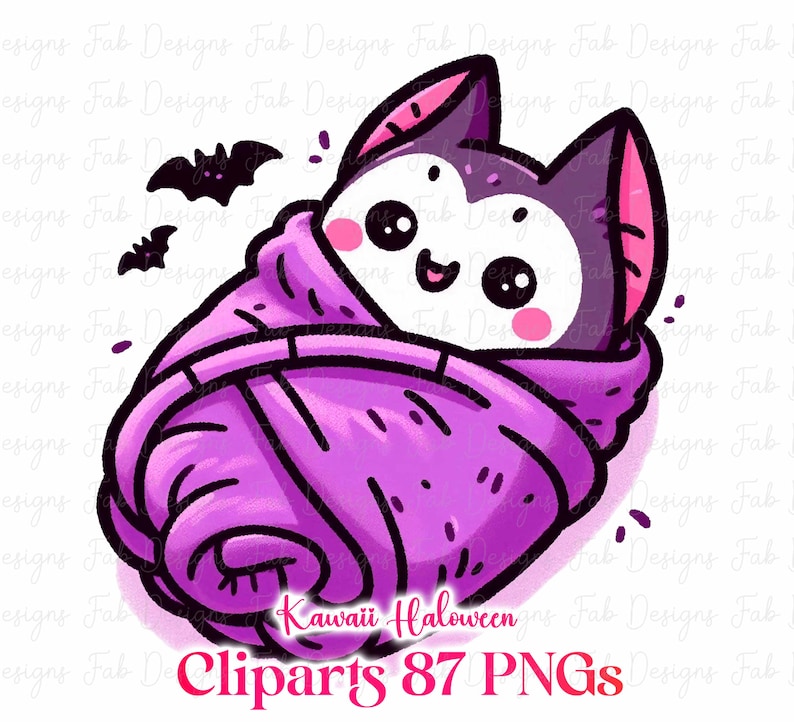May include: A cute cartoon bat wrapped in a purple blanket. The bat has large eyes, pink cheeks, and a smiling mouth. Two small black bats fly in the background. The text "Kawaii Halloween Cliparts 87 PNGs" is at the bottom.