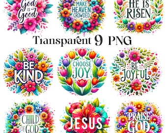 Paquete de 9 imágenes cristianas con motivos florales en formato PNG, Jesús en formato PNG, camiseta religiosa en formato PNG, versículo bíblico en formato PNG, espíritu en formato PNG, citas motivacionales, diseño de sublimación