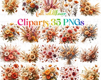Watercolor Fall Clipart: Wildflowers, Pumpkins, Leaves (Digital Download PNG)
