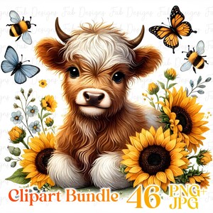 May include: A digital clipart bundle of 46 images featuring a cute brown and white Highland cow calf sitting in a field of sunflowers, blue butterflies, and bumblebees. The text "Clipart Bundle 46 PNG+JPG" is at the bottom of the image.