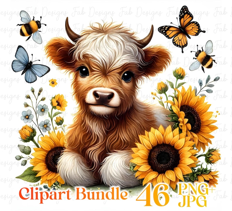 May include: A digital clipart bundle of 46 images featuring a cute brown and white Highland cow calf sitting in a field of sunflowers, blue butterflies, and bumblebees. The text "Clipart Bundle 46 PNG+JPG" is at the bottom of the image.