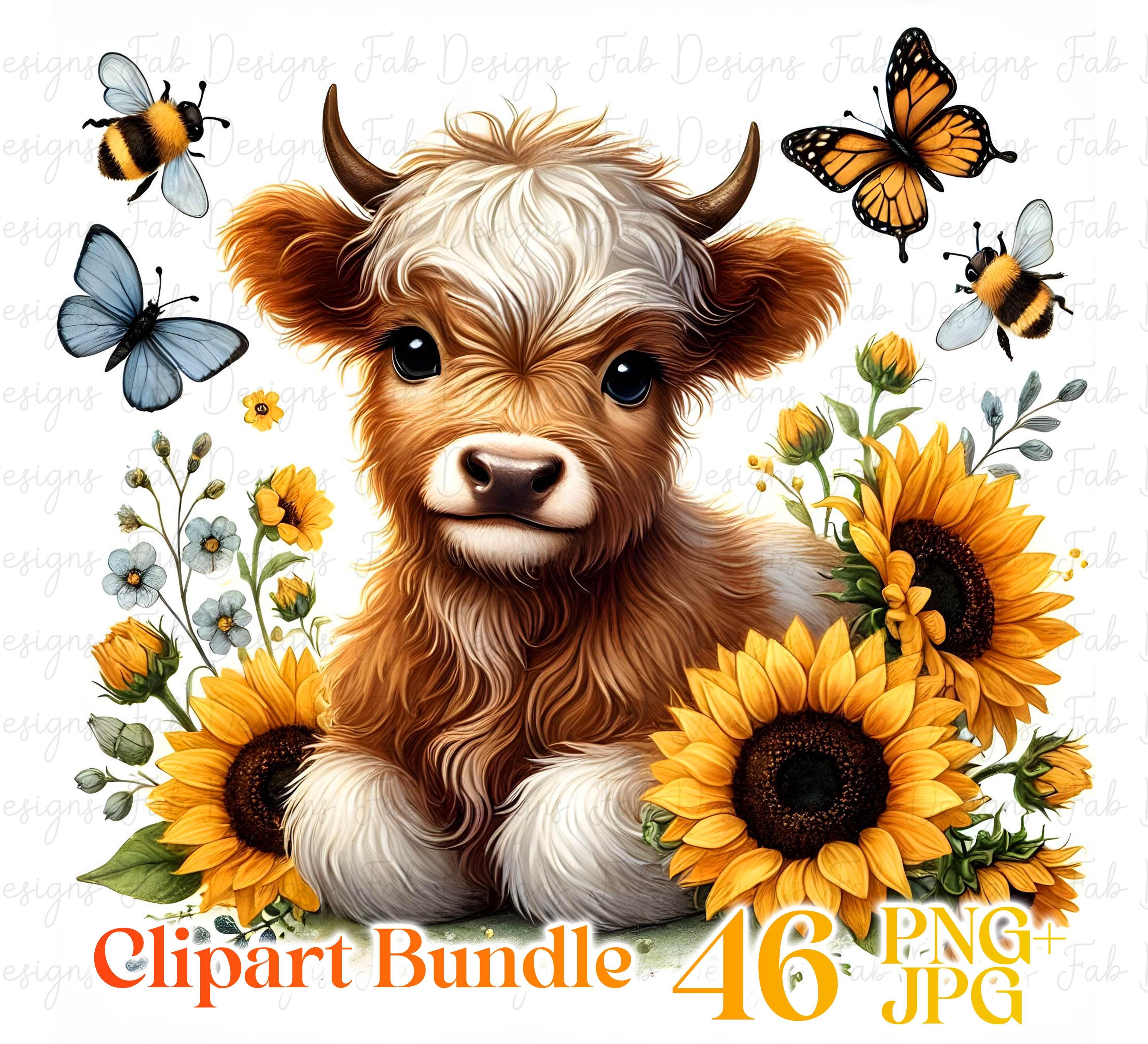 46 Highland Cow Sunflowers Clipart Bundle, Highland Cow Clipart PNG ...