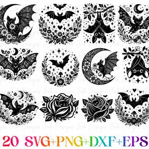 May include: A selection of black and white bat designs featuring bats, moons, flowers, and stars. The image includes the text "20 SVG+PNG+DXF+EPS" at the bottom.