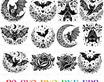 20 Bat Floral bundle Halloween svg, bat silhouette svg,Halloween decor bats svg, bats silhouette bundle svg,  Halloween night bat svg png
