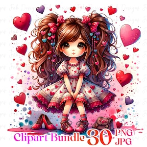 30 Cute Girl Love watercolor clipart bundle, Quirky Girl,Printable Watercolor Clipart,Valentine Clipart,junk journal Cliparts,Girl Clipart