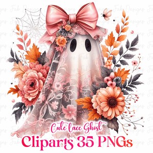 May include: A watercolor illustration of a ghost wearing a pink lace veil and a large bow. The ghost is surrounded by flowers, leaves, and a spiderweb. The text "Cute lace Ghost Cliparts 35 PNGs" is at the bottom.