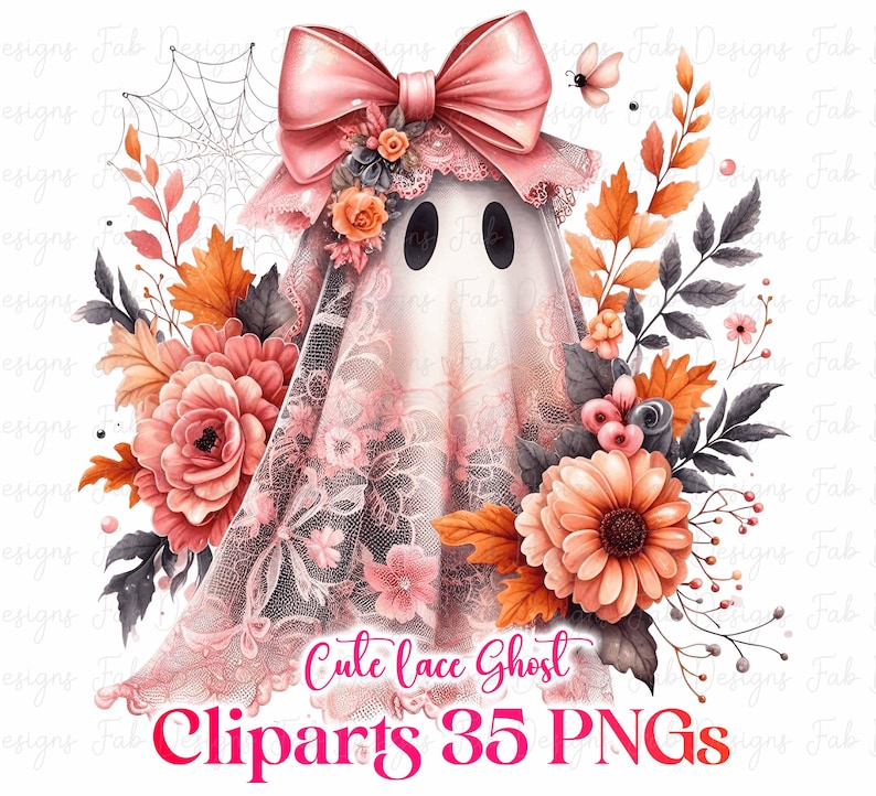 May include: A watercolor illustration of a ghost wearing a pink lace veil and a large bow. The ghost is surrounded by flowers, leaves, and a spiderweb. The text "Cute lace Ghost Cliparts 35 PNGs" is at the bottom.