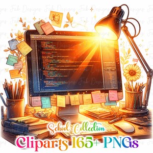 May include: A digital illustration of a workspace with a computer displaying code, surrounded by pencils, sticky notes, and books. A desk lamp shines brightly. The image includes the text "School Collection Cliparts 165+ PNGs."
