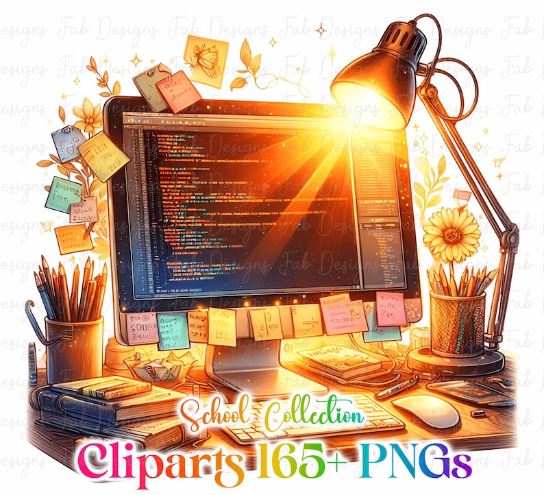 May include: A digital illustration of a workspace with a computer displaying code, surrounded by pencils, sticky notes, and books. A desk lamp shines brightly. The image includes the text "School Collection Cliparts 165+ PNGs."